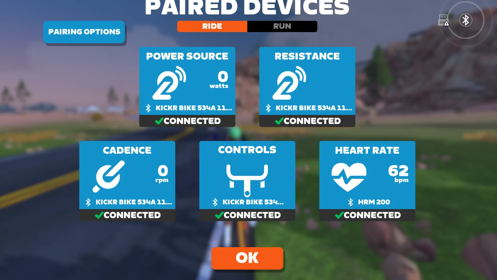 Parringsskjermen i Zwift der Power Source, Resistance, Cadence og Controls er koblet til KICKR Bike over Bluetooth, og pulsen til et pulsbelte